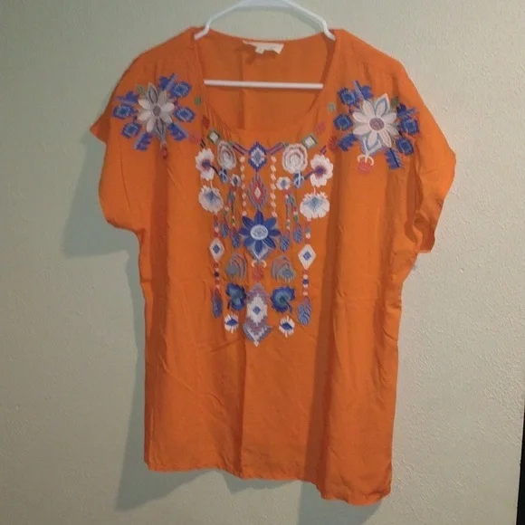 Solitaire Orange Boxy Embroidered Short Sleeve Blouse Top Boho Floral L - Picture 1 of 6